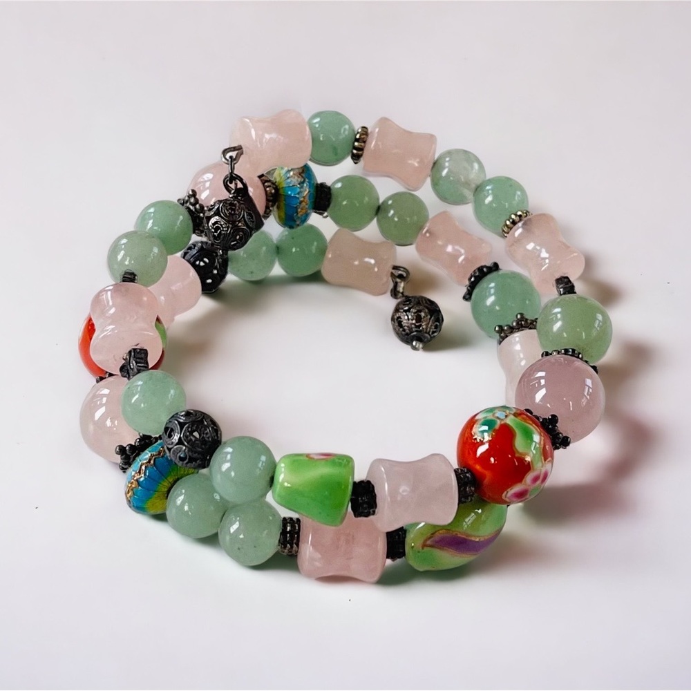 Rose Quartz Aventurine Cloisonne Silver Beaded Memory Wire Bracelet